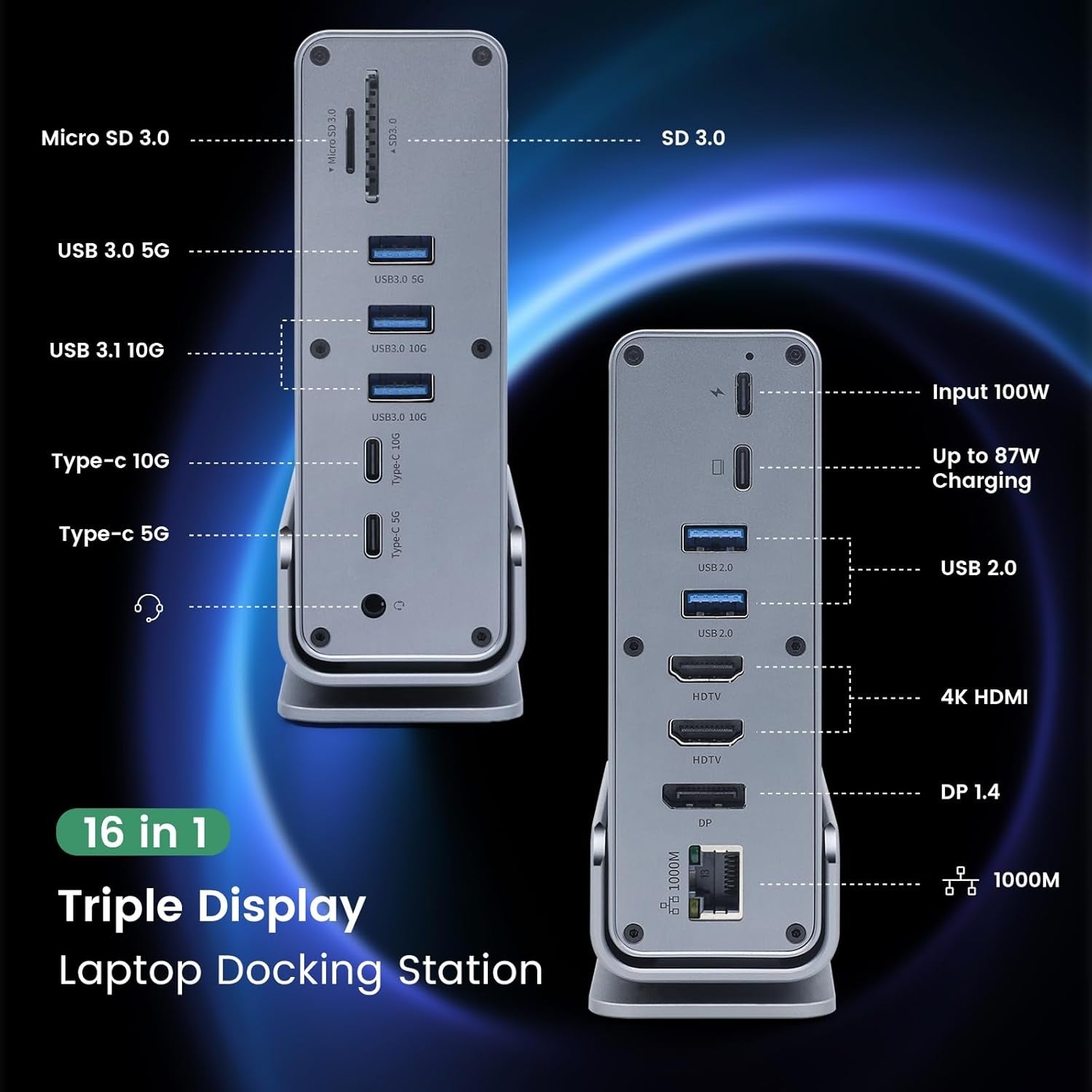 15 in 1 USB C Docking Station 4K@60Hz HDMI and DisplayPort, 3*USB 3.0, 2*USB 2.0, PD 100W Charg, 1000Mbps RJ45 Ethernet for Windows and Mac OS