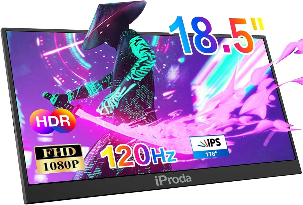 18,5" Bærbar USB-skjerm 1920×1080p 120Hz, USB-C/HDMI, IPS, HDR, Blålysfilter, 100% sRGB, med Innebygd Støtteben, for Laptop/PC/Mac/PS3/PS4/PS5/Xbox