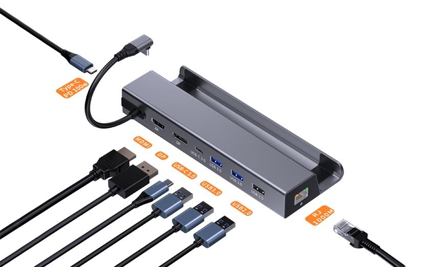 NÖRDIC 1 til 8 dokkingstasjon for Steam Deck 1xHDMI 4K60Hz, 1xDP 4K60Hz, 1xRJ45 GigaLAN, 1xUSB-C, 3xUSB-A, 1x USB-C PD