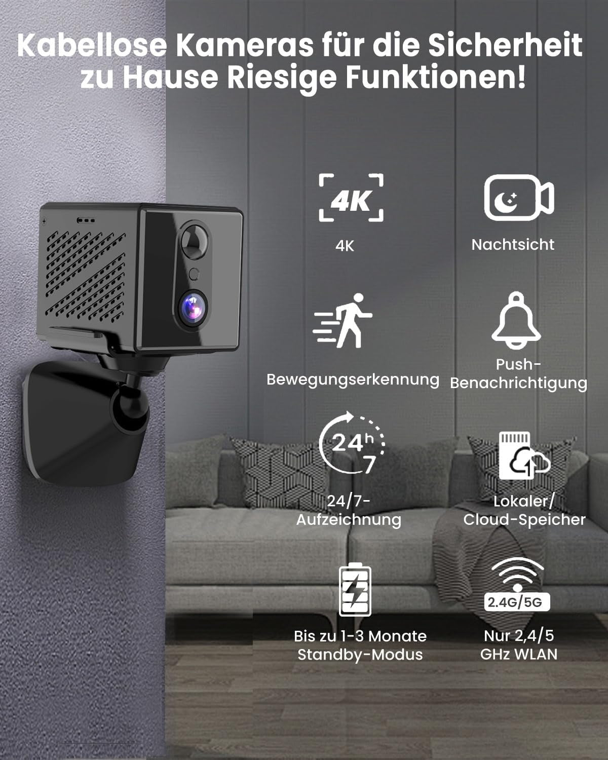 4K Overvåkingskamera 5GHz WiFi Mini-kamera, Nattsyn, Bevegelsessensor, Lang batteritid, Fjernvisning