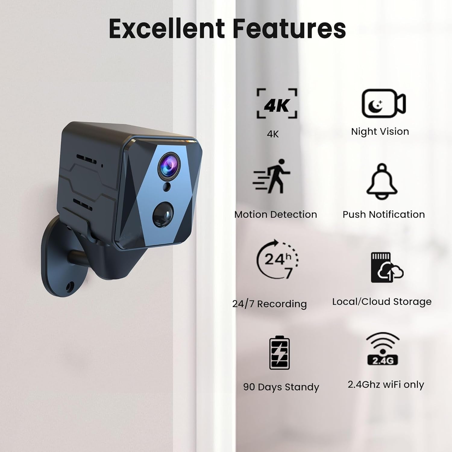 2,4GHz WiFi Mini-Kamera, 4K Trådløs Innendørs Overvåkningskamera