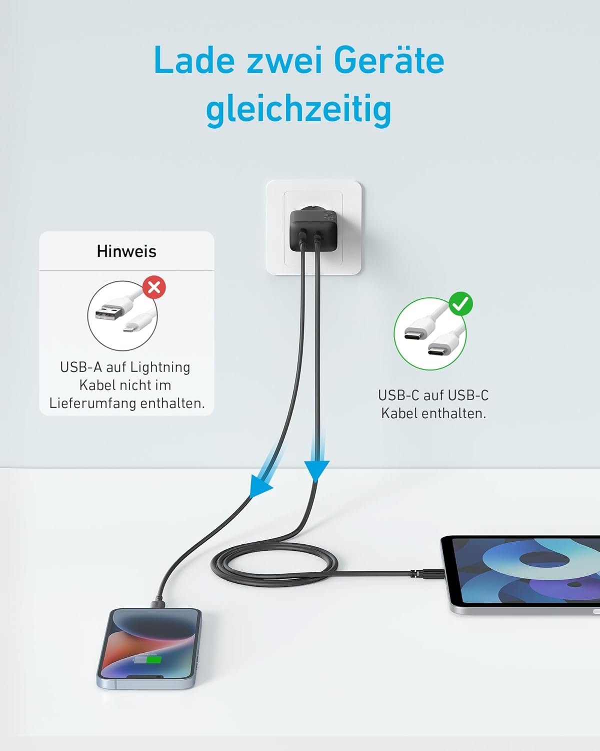 ANKER USB-C-lader 2 porter 1xUSB-C 1xUSB-A 20W Hurtiglading med 150 cm USB-kabel