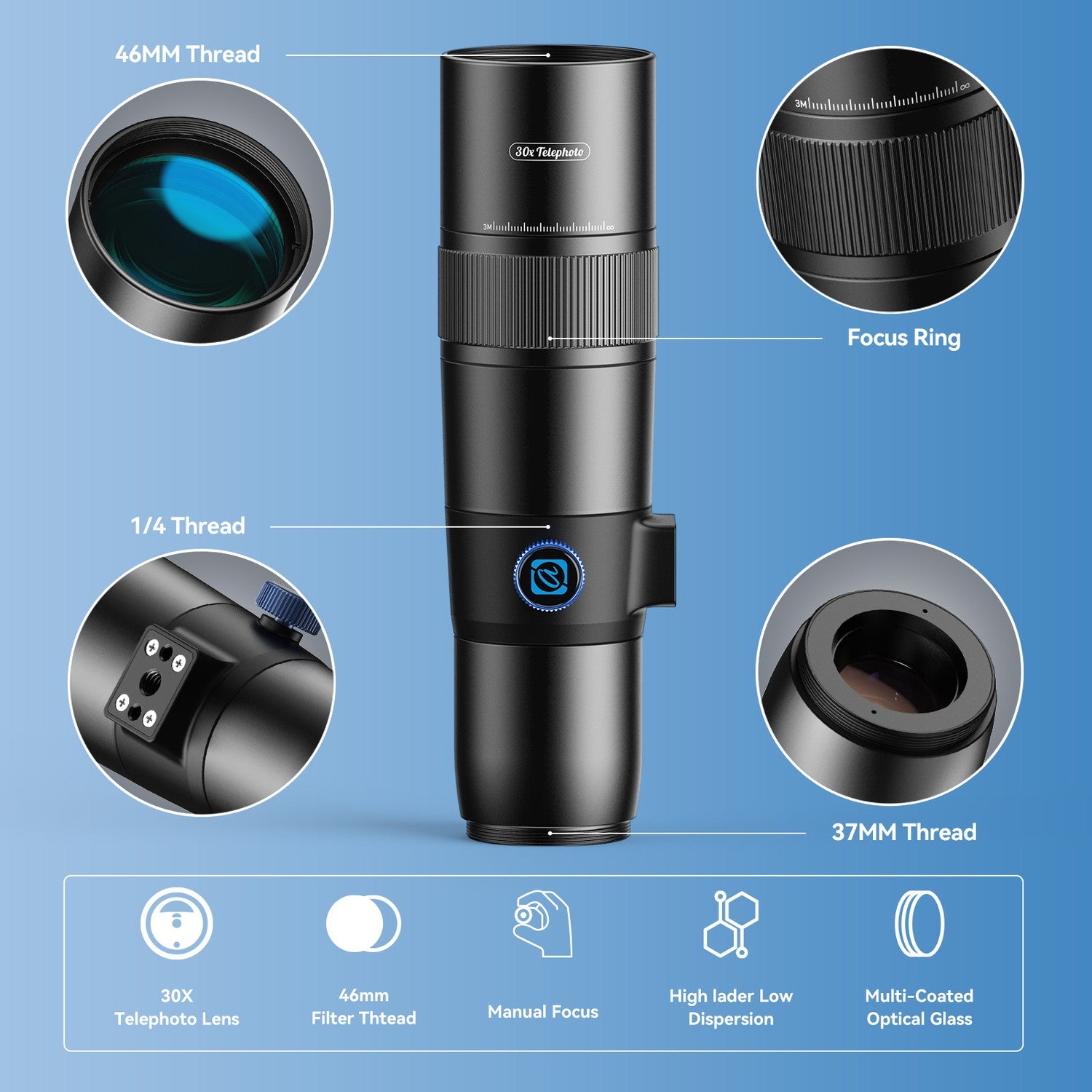 APEXEL 30x Super Teleobjektiv, 720 mm Brennvidde Teleobjektiv for Smartphone, Profesjonell