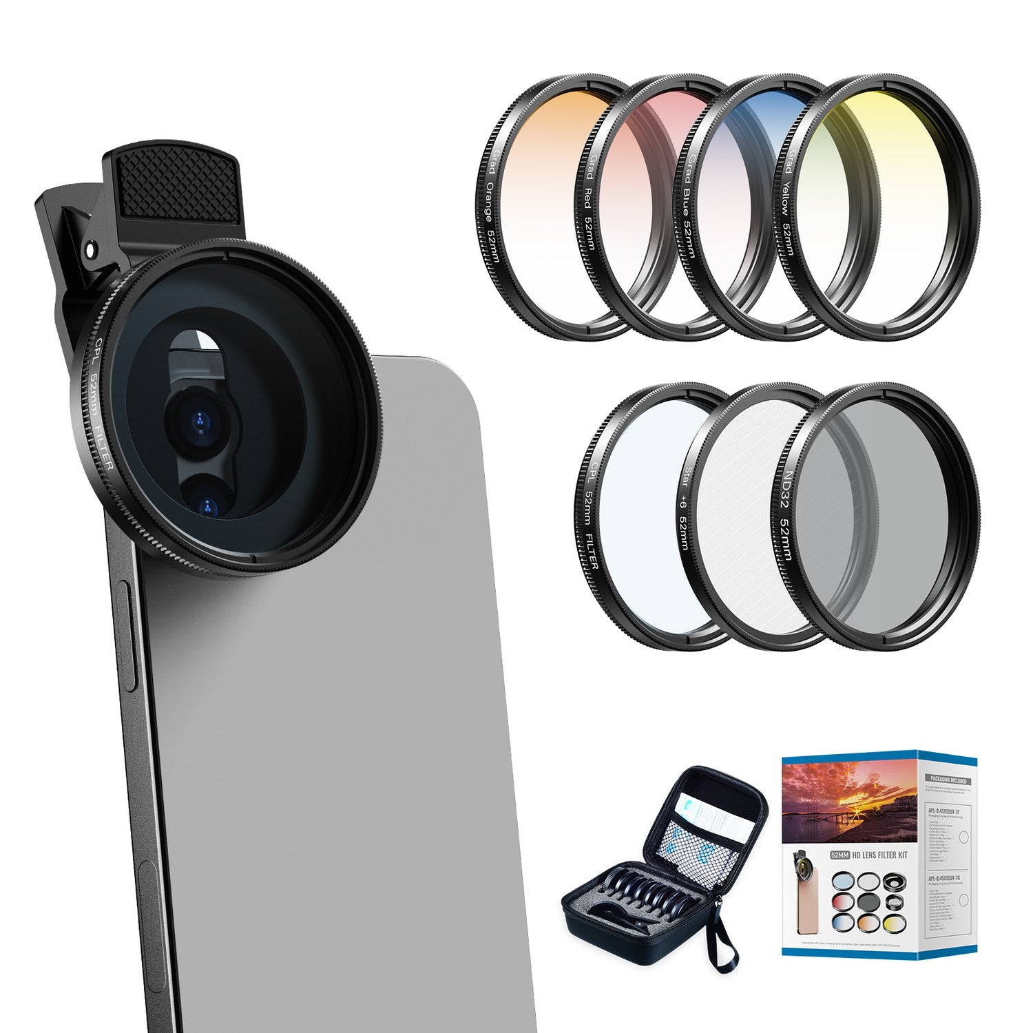 APEXEL 52mm Clip-on Graduated Color Polarizer, Linsefiltersett – Profesjonell