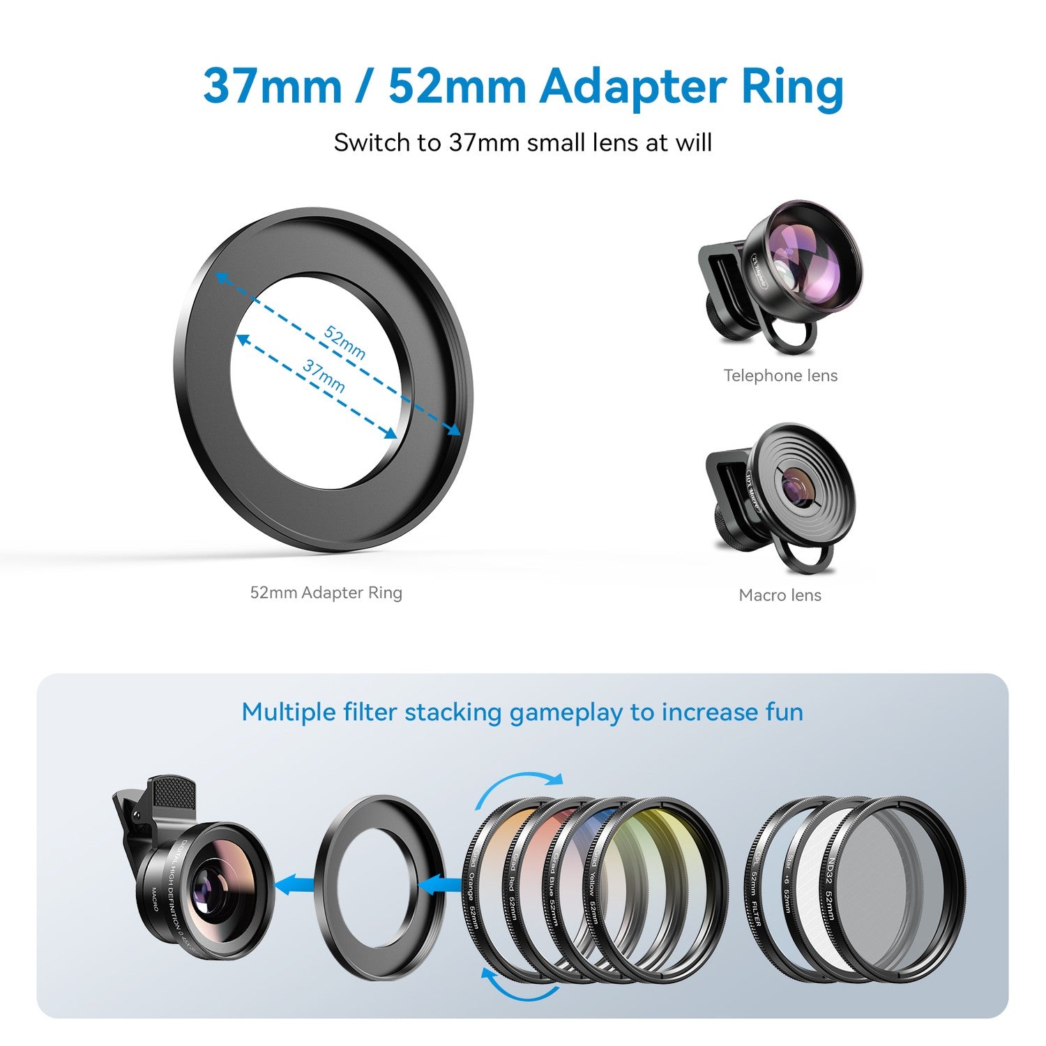 APEXEL 52mm Clip-on Graduated Color Polarizer, Linsefiltersett – Profesjonell