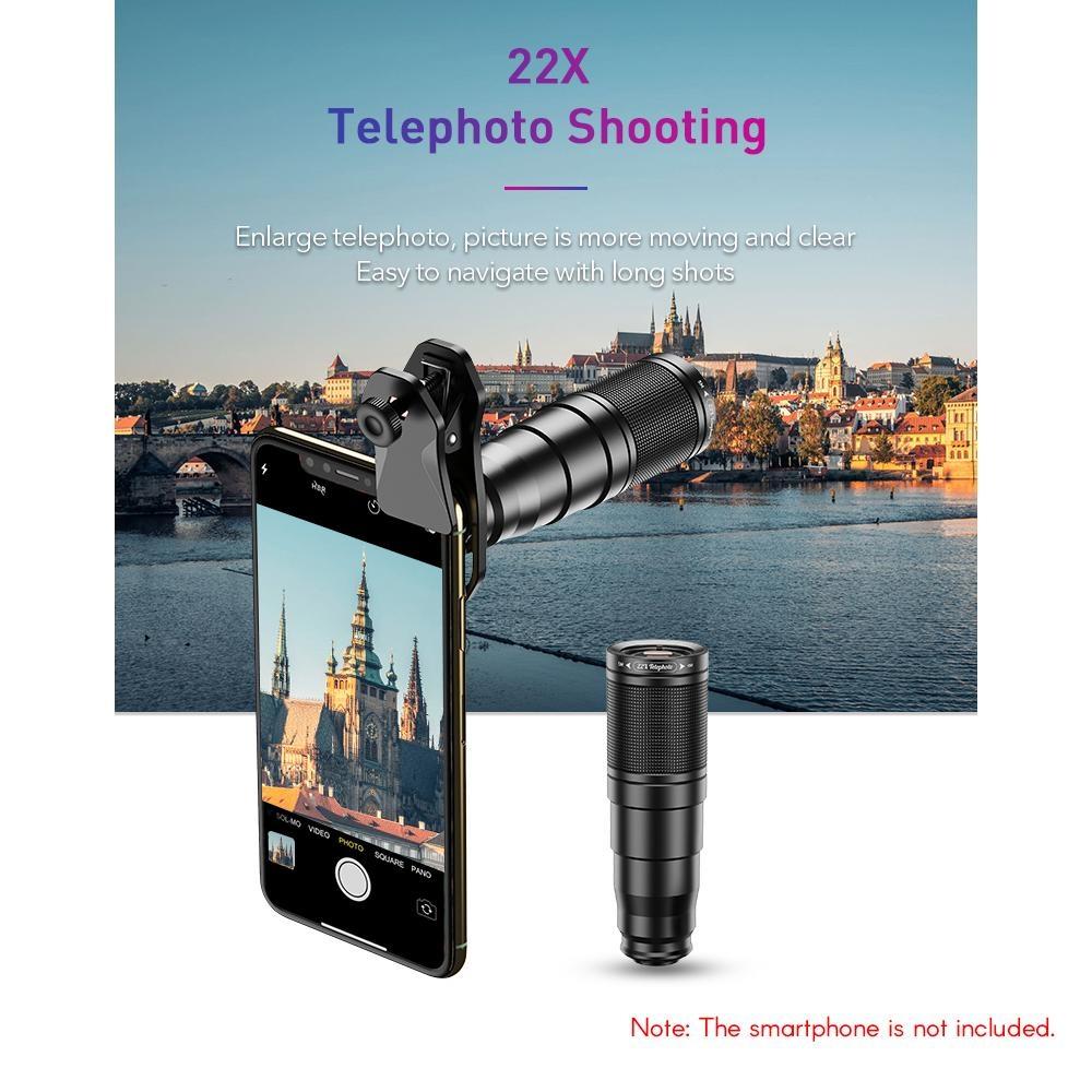 APEXEL 6-i-1 Telefonlinsesett – 22X teleobjektiv, 205° fisheye-linse, 120° vidvinkellinse & 25X makrolinse
