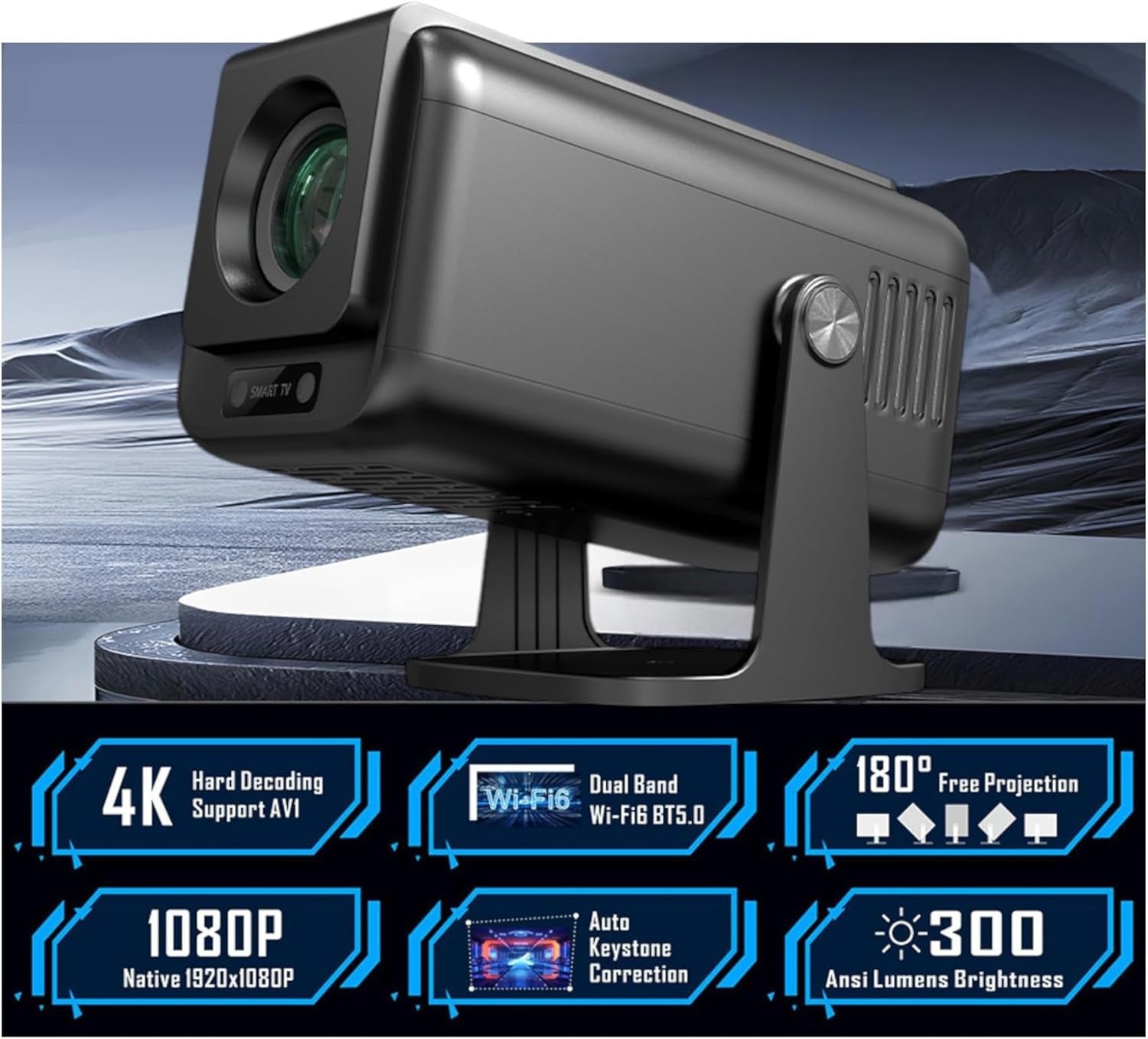 NÖRDIC Smart Projektor Android 13.0, Native 1080P, Auto Keystone, 300ANSI 4K HDR Støtte, Roterbar Design WiFi 6 & BT, Skjermspeiling, ARC