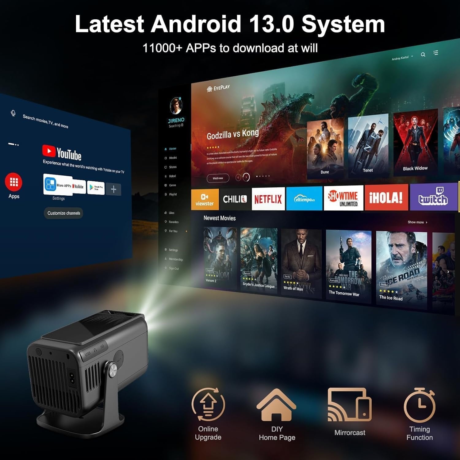 NÖRDIC Smart Projektor Android 13.0, Native 1080P, Auto Keystone, 300ANSI 4K HDR Støtte, Roterbar Design WiFi 6 & BT, Skjermspeiling, ARC