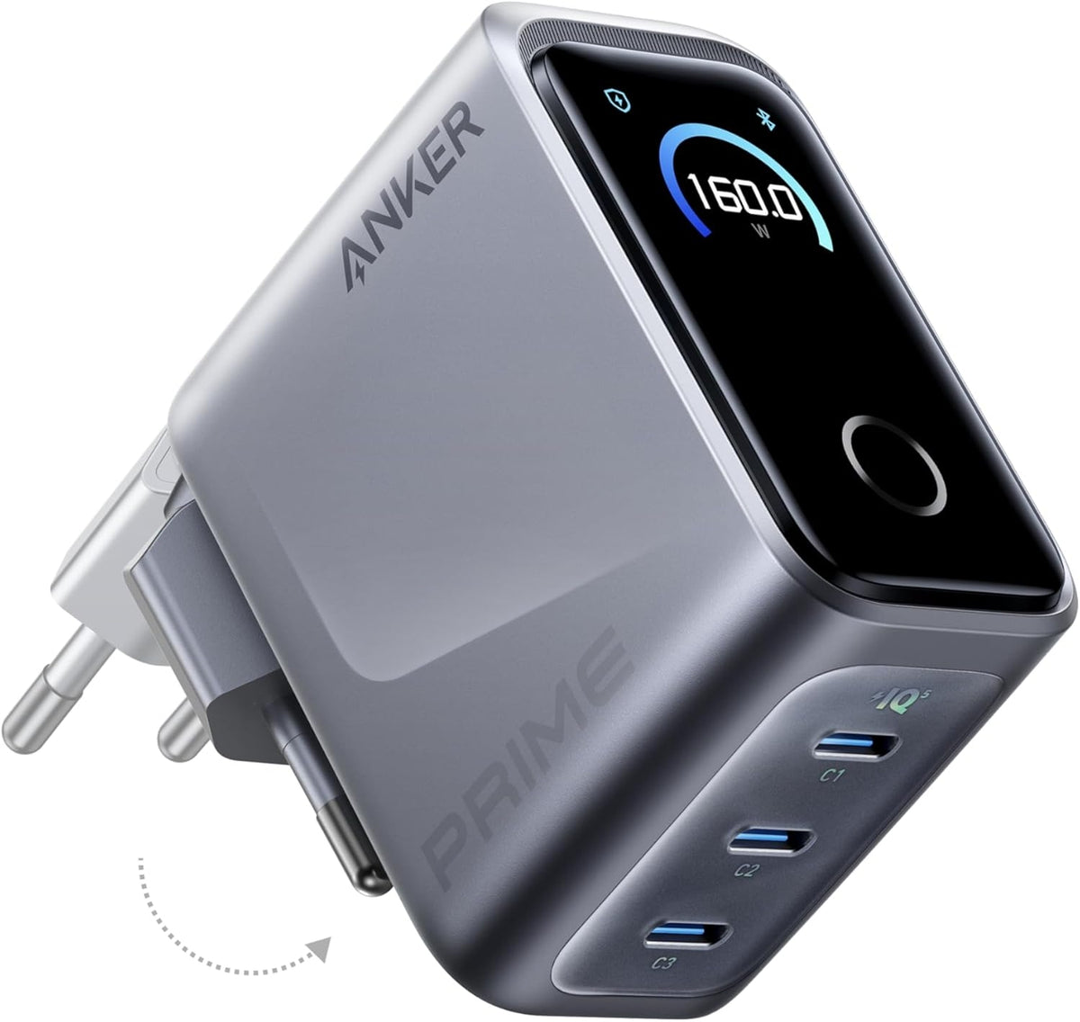 Anker Prime 160W USB-C Lader, 3-Port GaN, Smart Display, Touch Kontroll, Ultra Rask Lader for Laptop/Mobil/Tilbehør