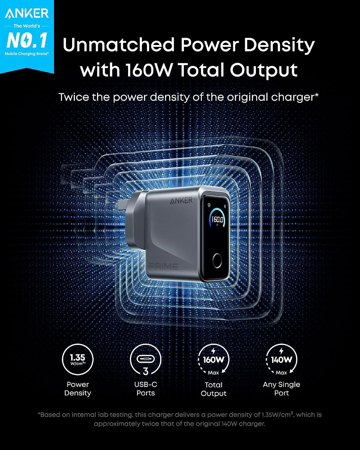 Anker Prime 160W USB-C Lader, 3-Port GaN, Smart Display, Touch Kontroll, Ultra Rask Lader for Laptop/Mobil/Tilbehør