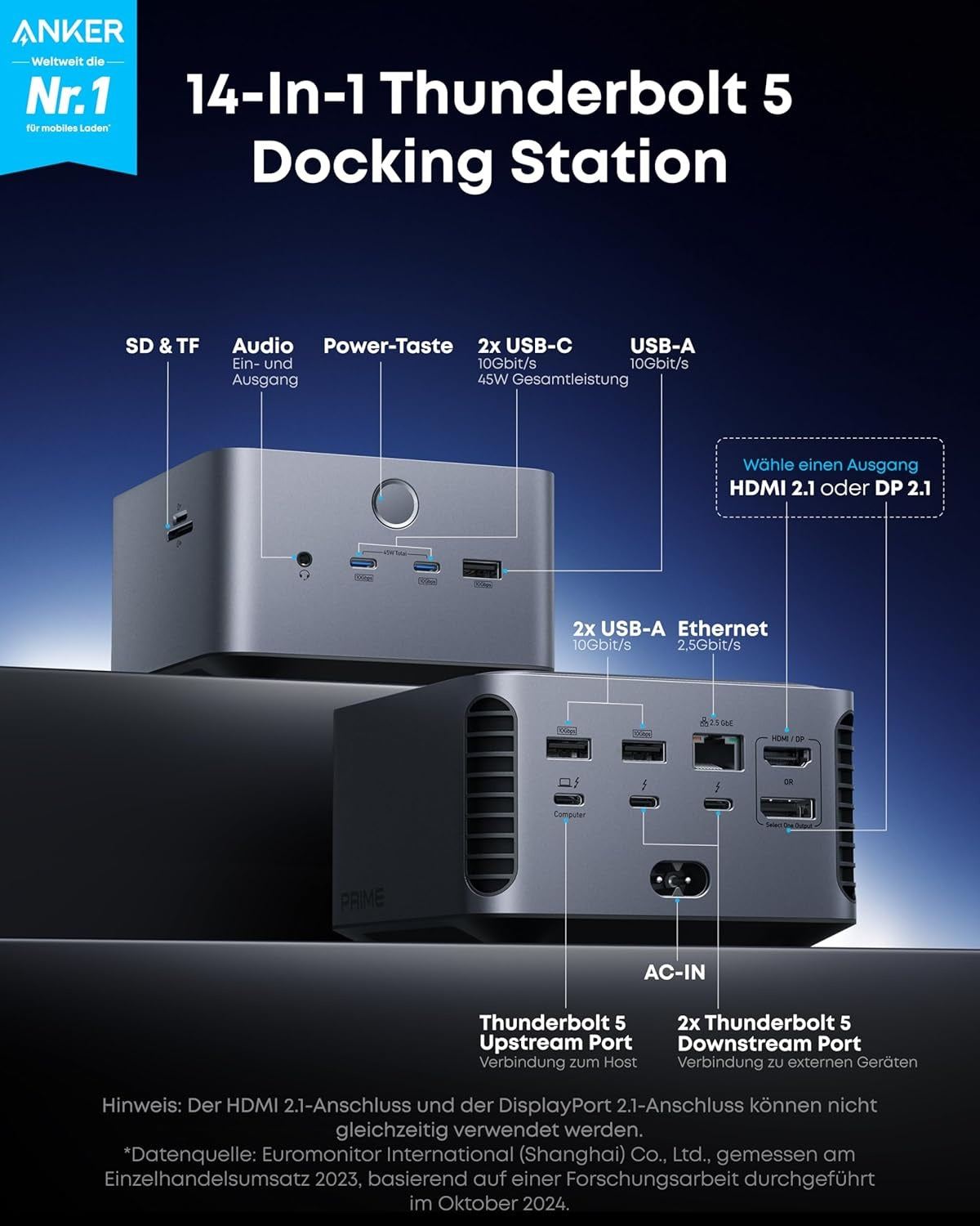 Anker Prime Thunderbolt 5-dokkingstasjon, 8K@60Hz/6K/4K, 120Gbps, 14 porter + 140W lading for Thunderbolt 5/4-laptoper