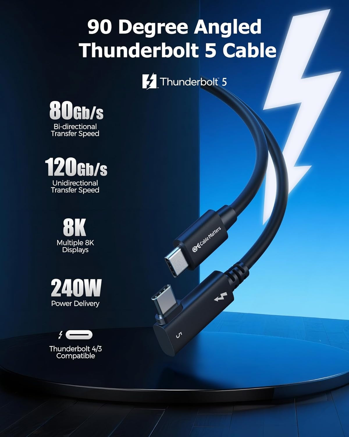 Cable Matters Intel Sertifisert 80G Thunderbolt 5 Kabel med vinklet kontakt 240W ladeeffekt - 0,8m, Kompatibel med Thunderbolt 4, USB4 og USB-C, Svart