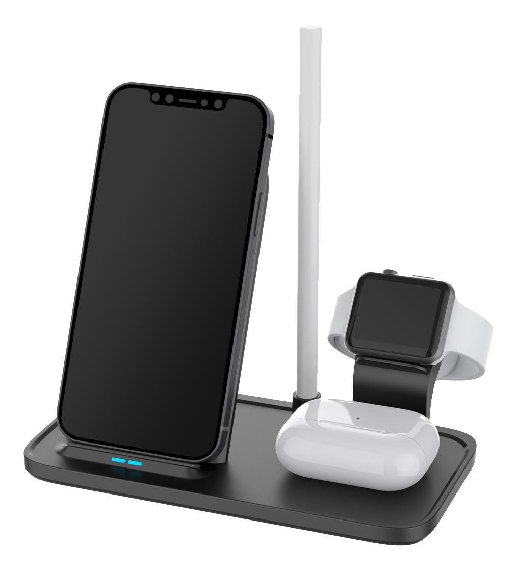 DELTACO 2-i-1 trådløs lader, 10 W, USB-C, Qi-sertifisert, doble LED-indikatorer, svart
