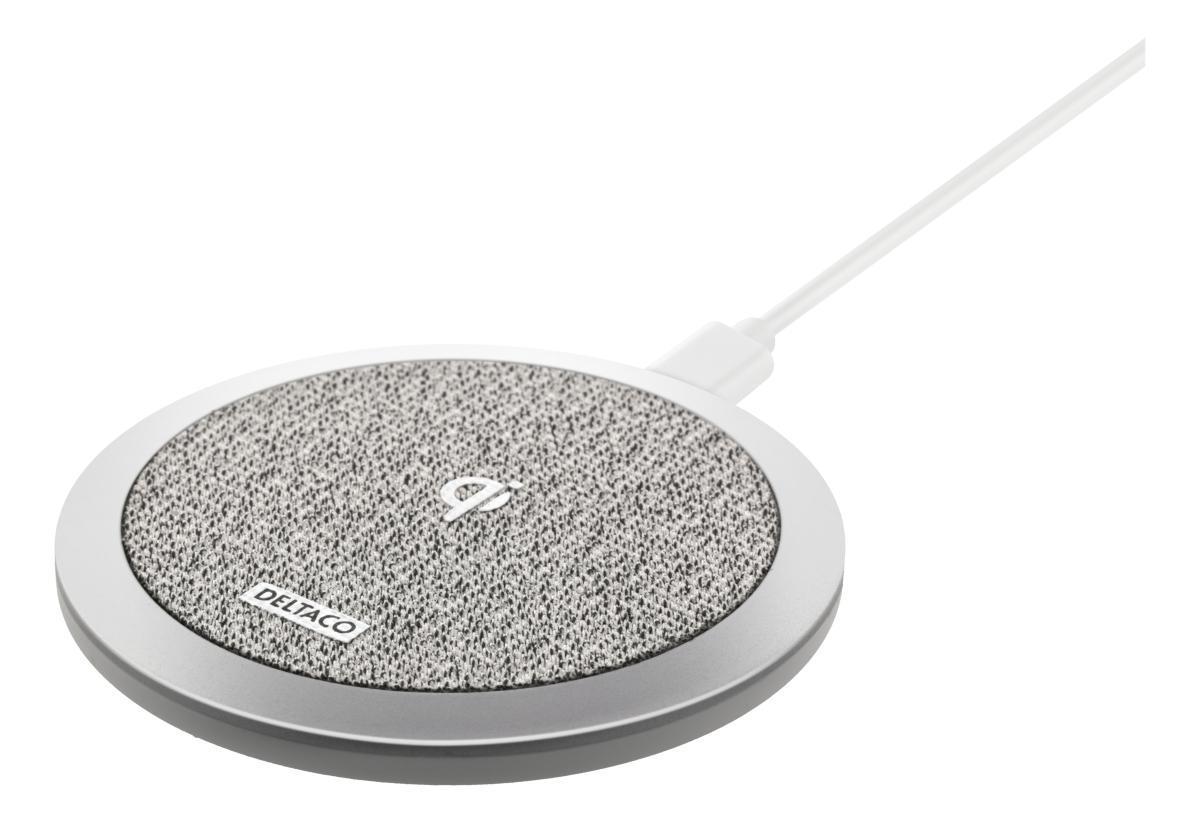 DELTACO Trådløs hurtiglader for iPhone og Android, 10W, stoff, Qi-sertifisert, grå
