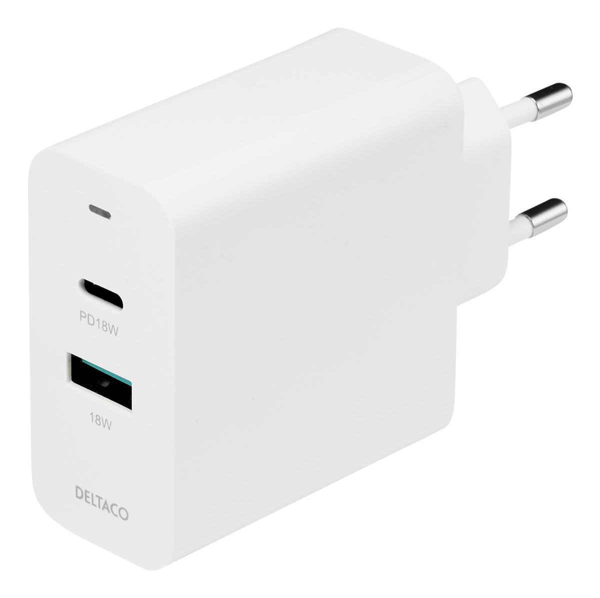 DELTACO USB-vegglader med doble porter og PD 1x USB-A 1x USB-C PD 36 W hvit
