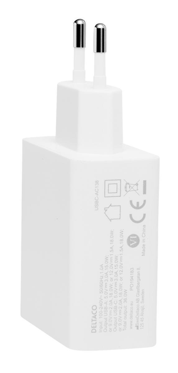 DELTACO USB-vegglader med doble porter og PD 1x USB-A 1x USB-C PD 36 W hvit