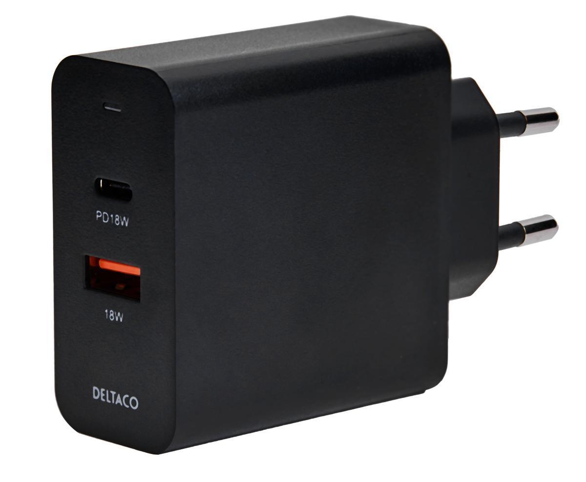 DELTACO USB-vegglader med doble porter og PD, 1x USB-A, 1x USB-C, PD, 36 W, svart