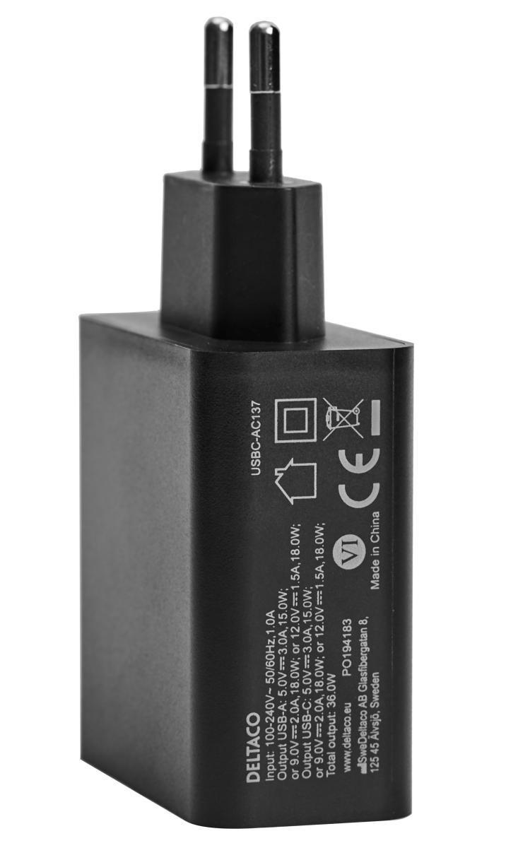 DELTACO USB-vegglader med doble porter og PD, 1x USB-A, 1x USB-C, PD, 36 W, svart
