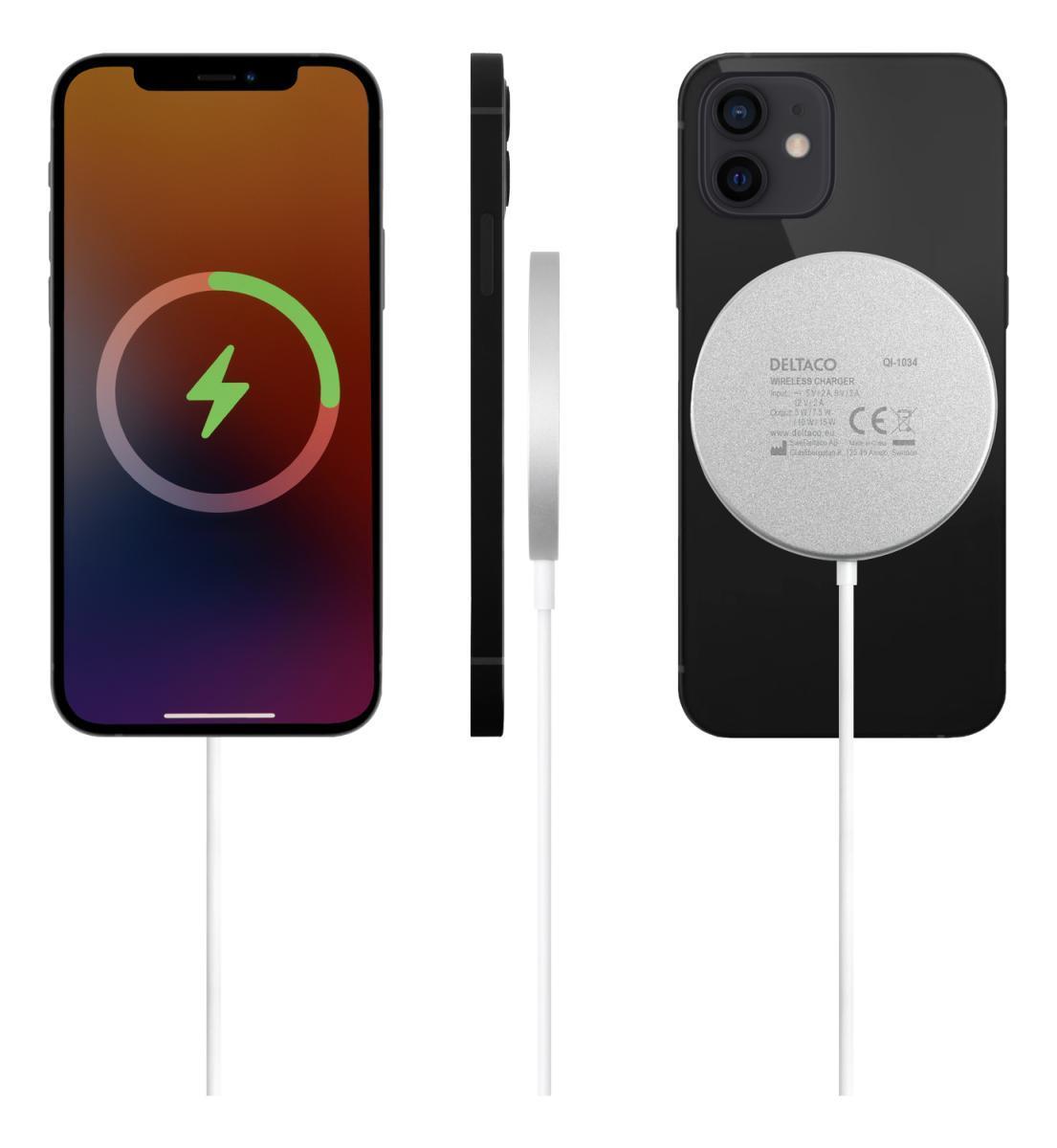 DELTACO trådløs lader med magnetisk snap-funksjon, egnet for iPhone 12/13, 1m, hvit