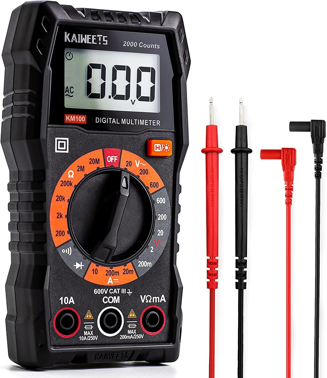 Digital multimeter, DC-/AC-voltmeter, ohm-, volt- og amperemåler samt kontinuitets- og diodespenningstester for husholdningsuttak