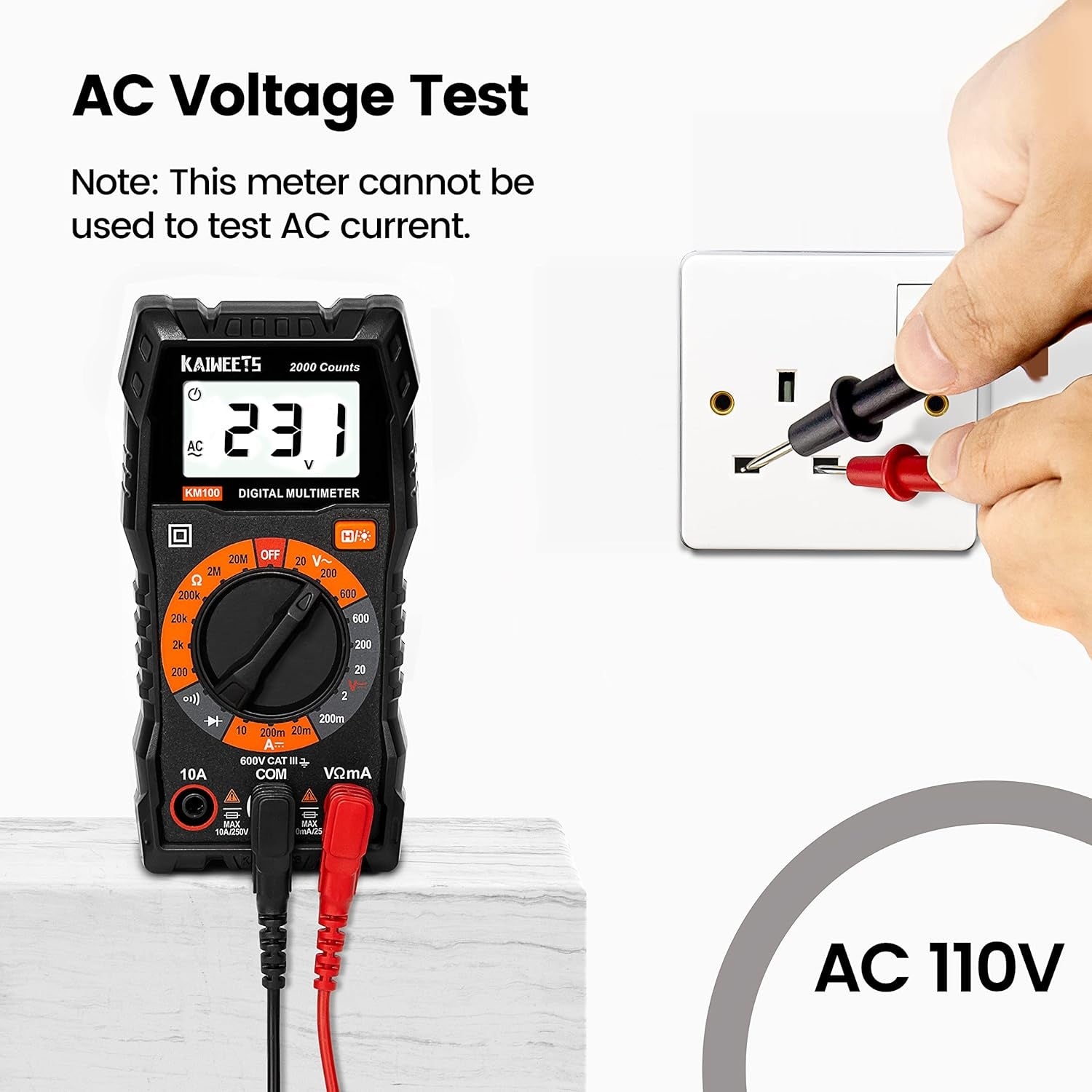 Digital multimeter, DC-/AC-voltmeter, ohm-, volt- og amperemåler samt kontinuitets- og diodespenningstester for husholdningsuttak