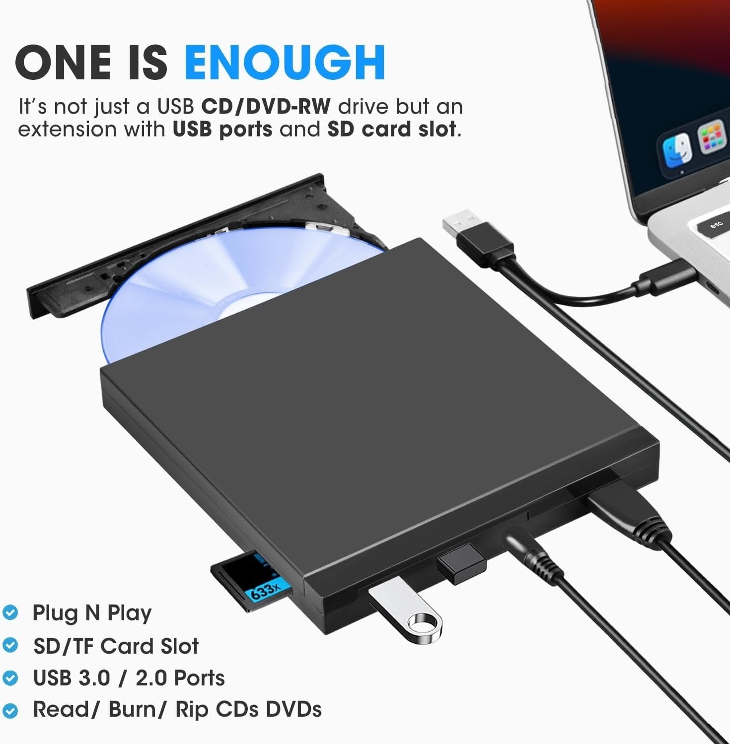 NÖRDIC Bærbar CD-brenner og spiller og USB-hub med SD/Micro-SD-kortleser