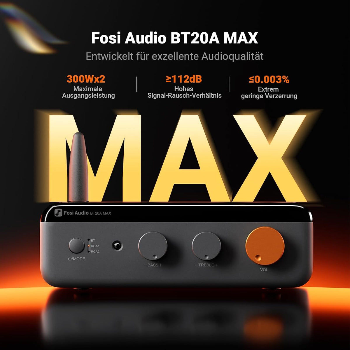 Fosi Audio BT20A MAX stereoforsterker, 300W x 2 Hi-Fi-lydforsterker med PFFB-teknologi, LDAC Bluetooth 6.0 + 2xRCA