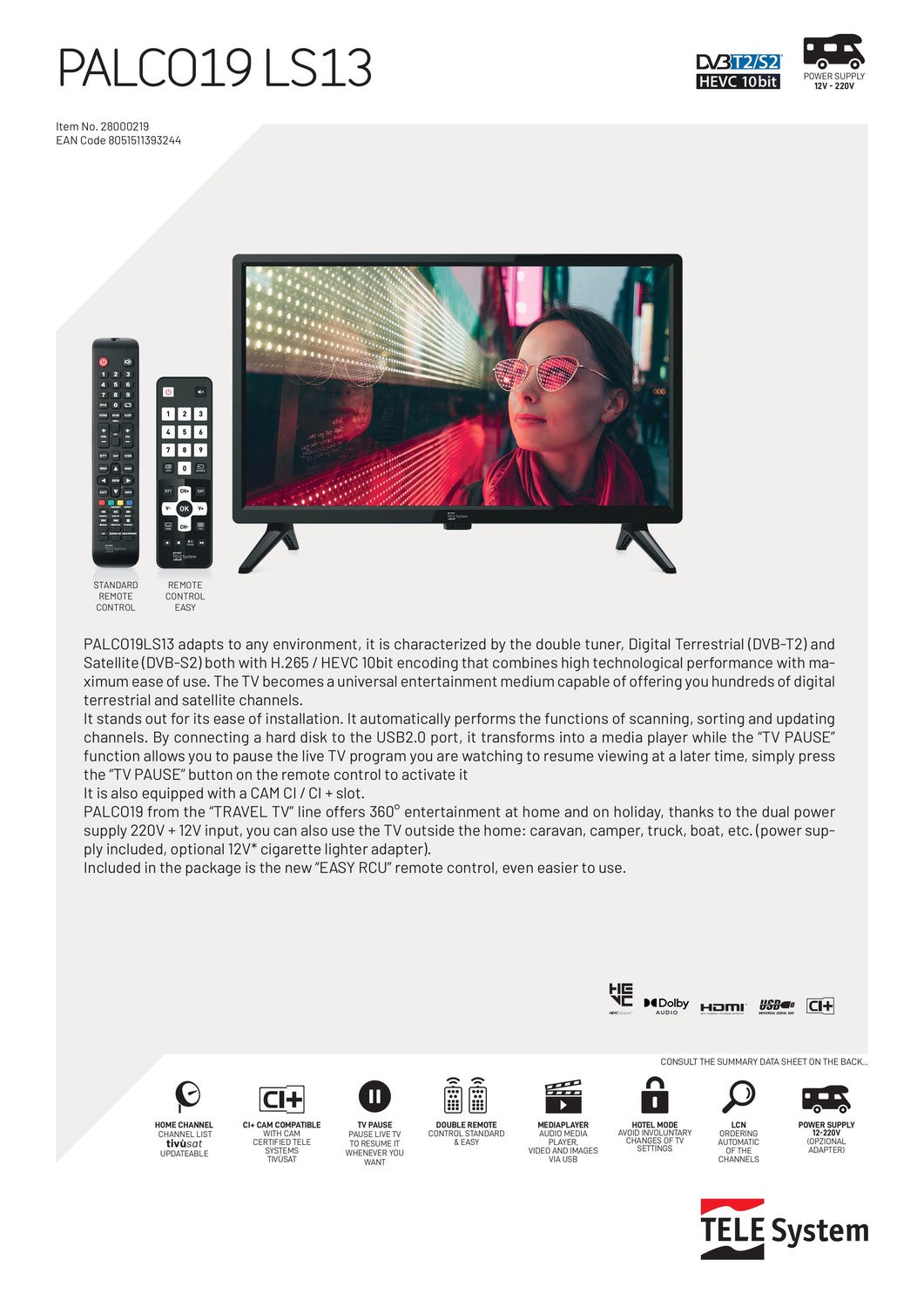 Full HD TV 19 tommer 12V DC 100-240V for båt, campingvogn, bobil DVB-T2 DVB-S2 VESA 100x100 PALCO 19LS13