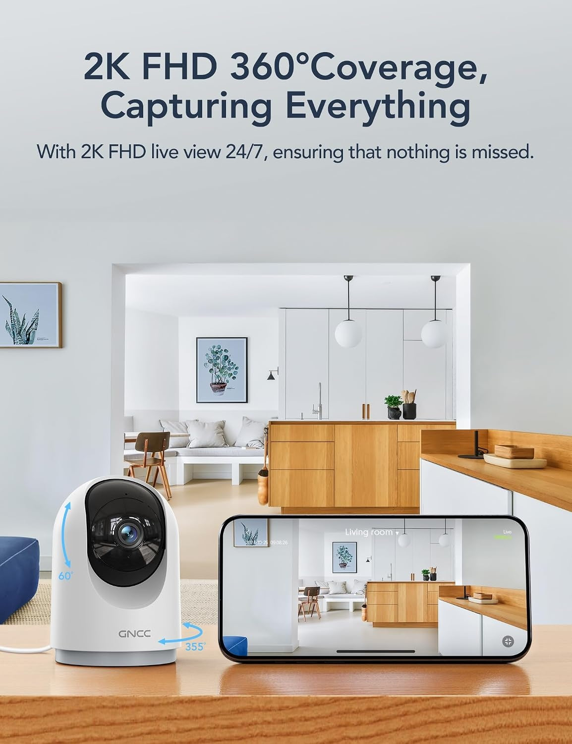 GNCC 2K Overvåkningskamera for innendørs bruk – 360°, 4-pakning, 2,4G WiFi
