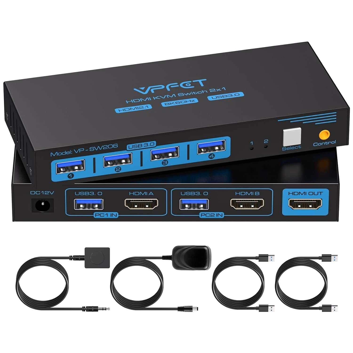 NÖRDIC KVM-svitsj 2 til 1 HDMI til HDMI, 8K60Hz/4K120Hz, 4x USB-A