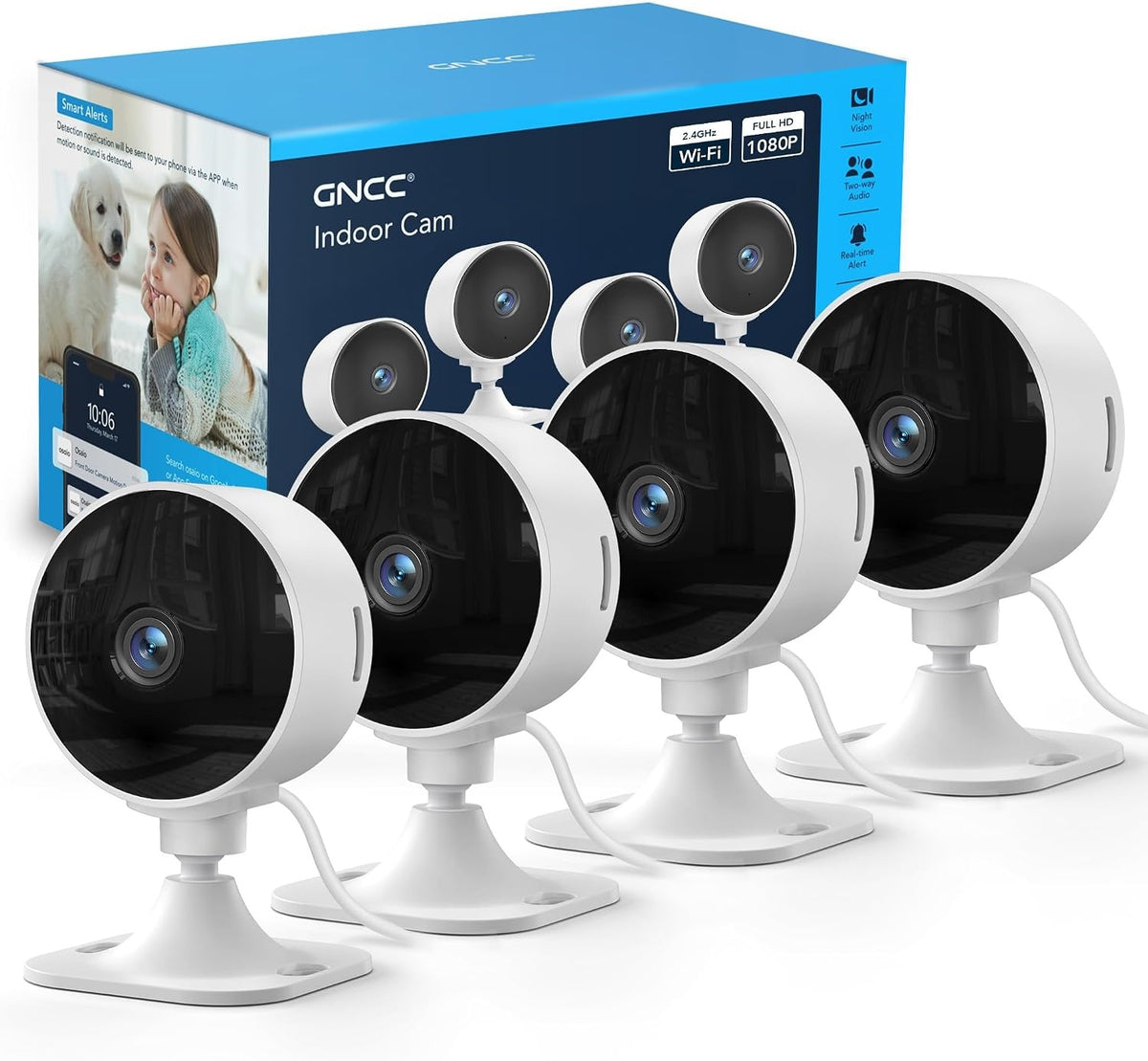 GNCC 1080p Overvåkningskamera for innendørs bruk, 4-pakning, 2,4G WiFi