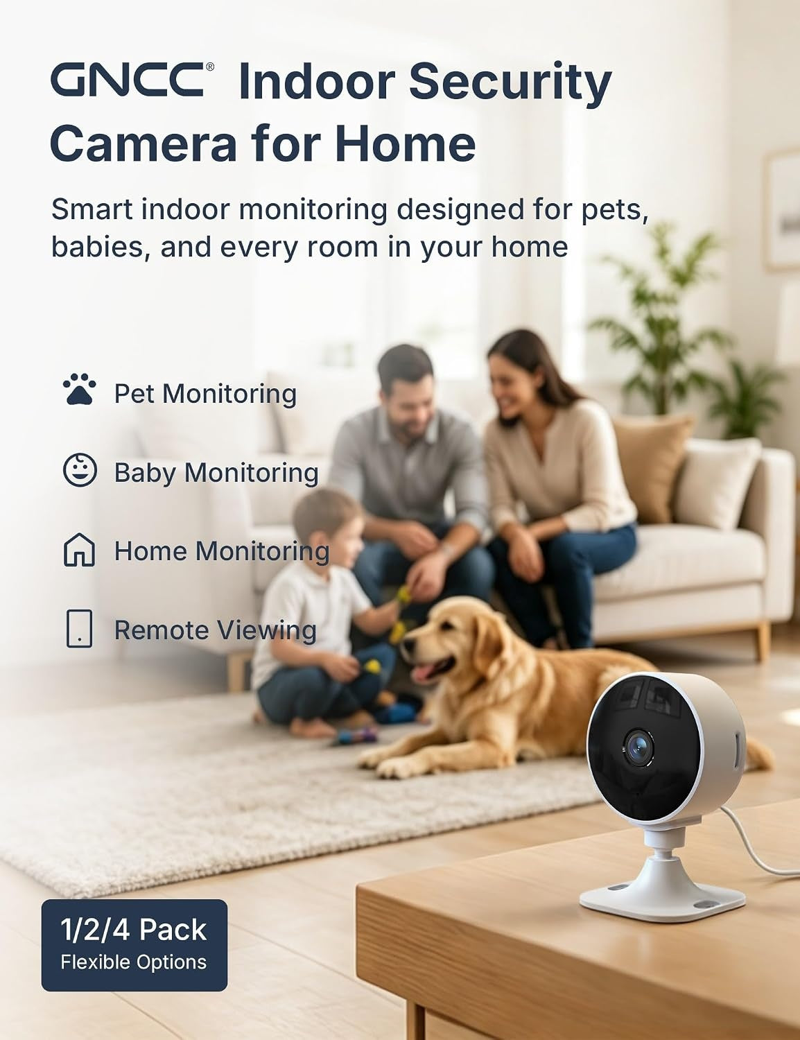 GNCC 1080p Overvåkningskamera for innendørs bruk, 4-pakning, 2,4G WiFi