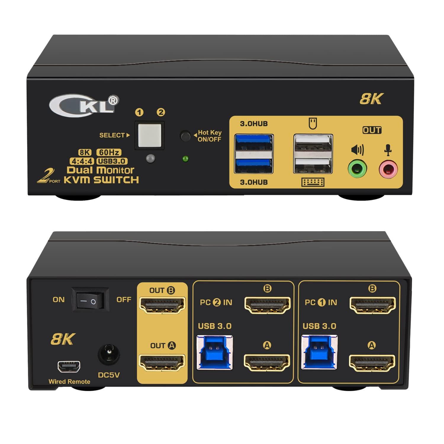 KVM 2x2 HDMI Switch Dual Monitor HDMI2.1 8K60Hz 4K144Hz 4:4:4 med 2xlyd og 4xUSB-A