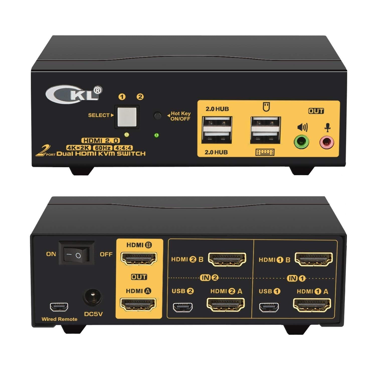 KVM 2x2 HDMI Switch Dual Monitor HDMI2.0 4K60Hz 4:4:4 med 1xlyd og 4xUSB-A