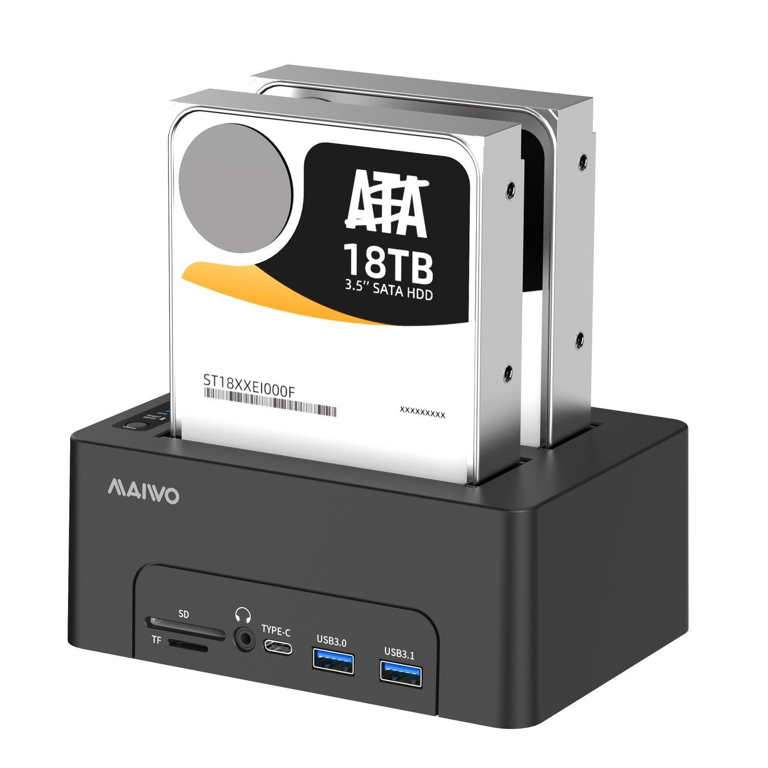 Maiwo HDD Dobbel dockingstasjon med klone 10 Gbps HDMI 4K60Hz Giga Lan kortleser SD og MicroSD USB HUB 2xUSB-A og 2xUSB-C