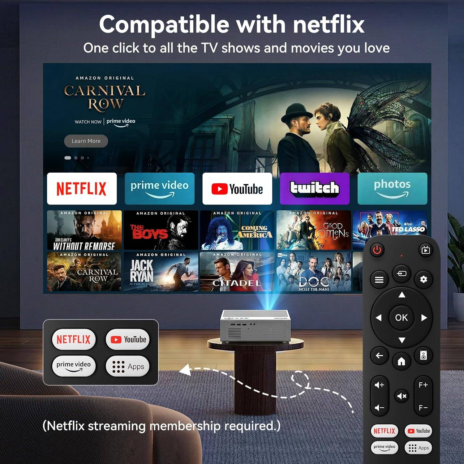 NÖRDIC 1080P Projektor Sertifisert for Netflix, Prime Video, Disney+ og YouTube, 300 ANSI lumen, 2.4/5G WiFi 6-støtte for iOS/Android