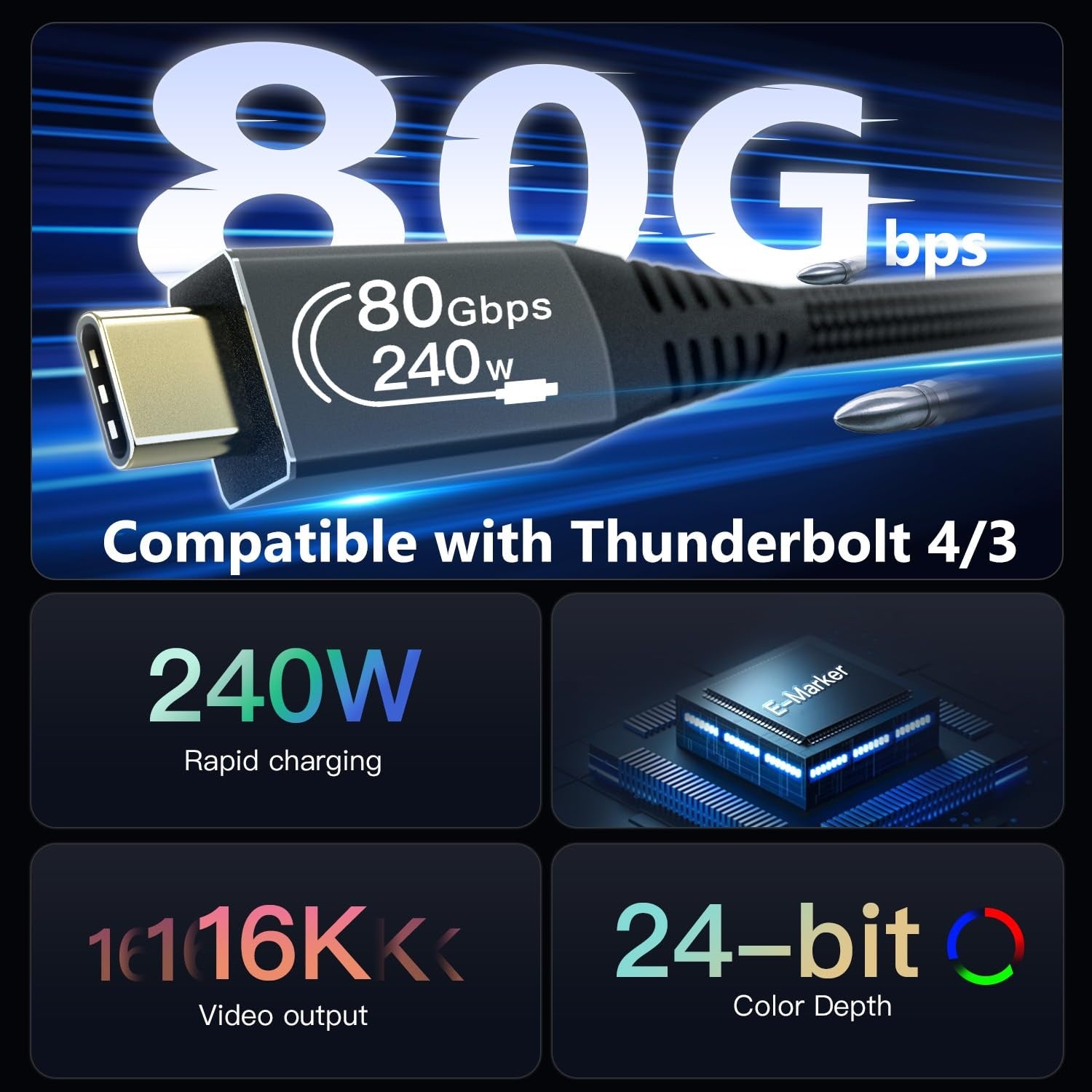 NÖRDIC 1,5m Thunderbolt 5 kabel 80Gbps dataoverføring 240W lading 120Gbps båndbredde 16K60Hz 8K60Hz 4K540Hz
