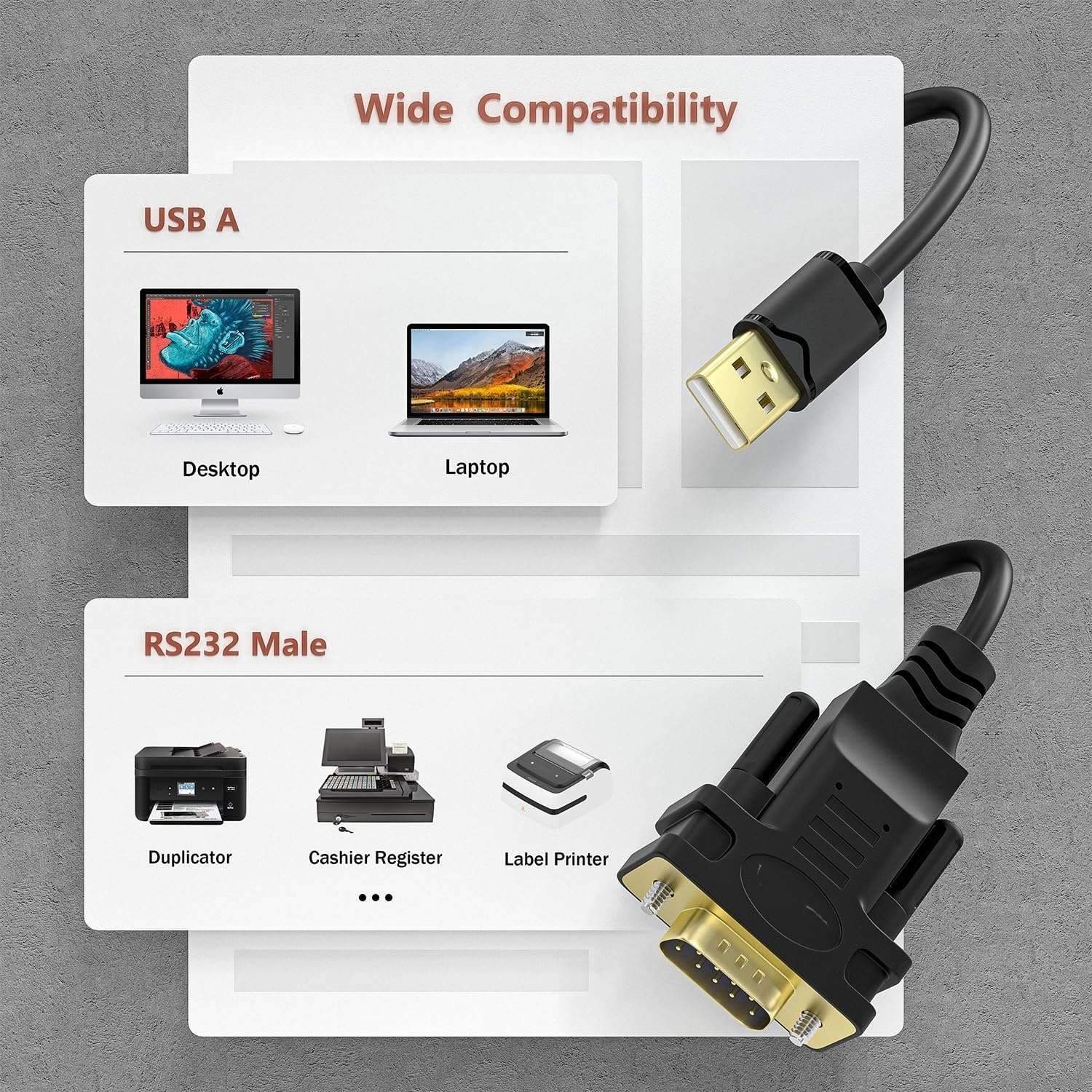 USB-A til RS232 DB9 han-kabel for serielle enheter med FTDI-chipset