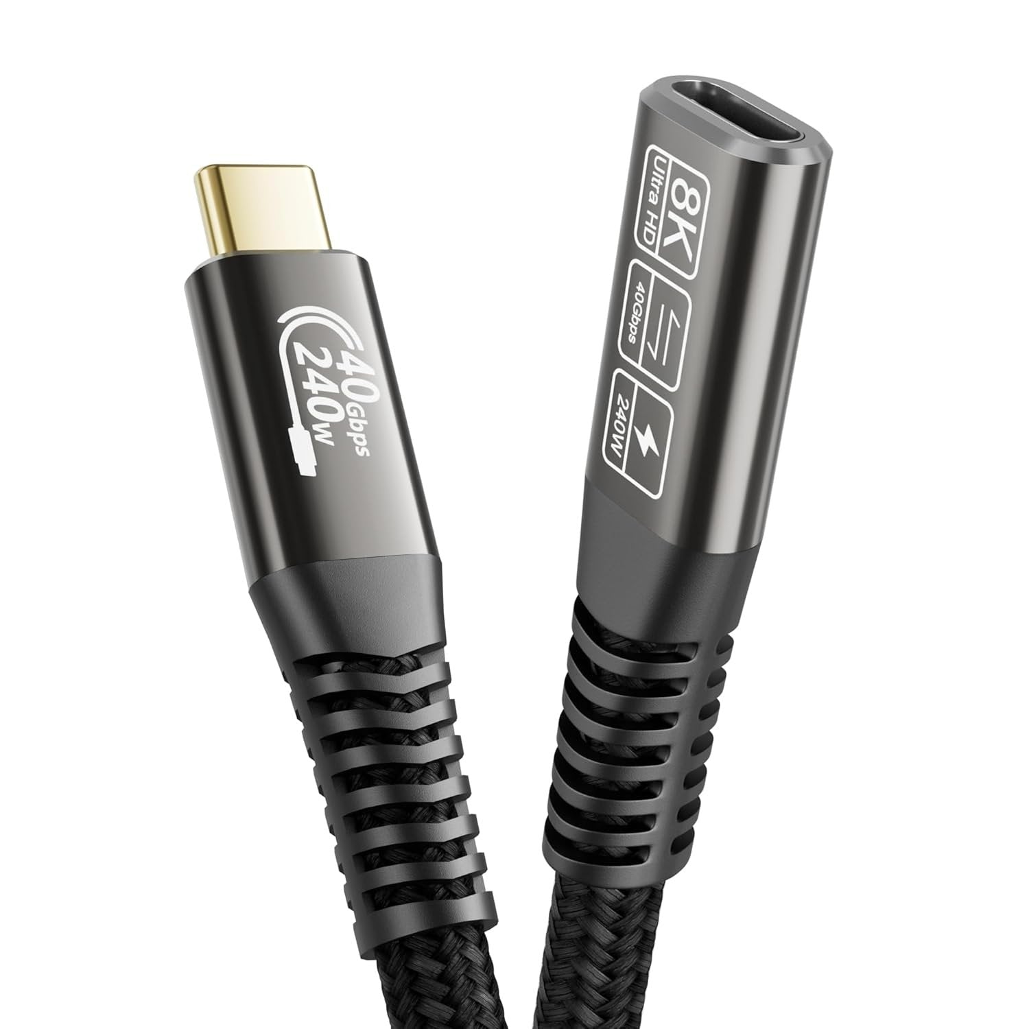 NÖRDIC 1m Thunderbolt 4 forlengelseskabel, USB-C hann til hunn, 240W hurtiglading, 40Gbps, 8K 60Hz