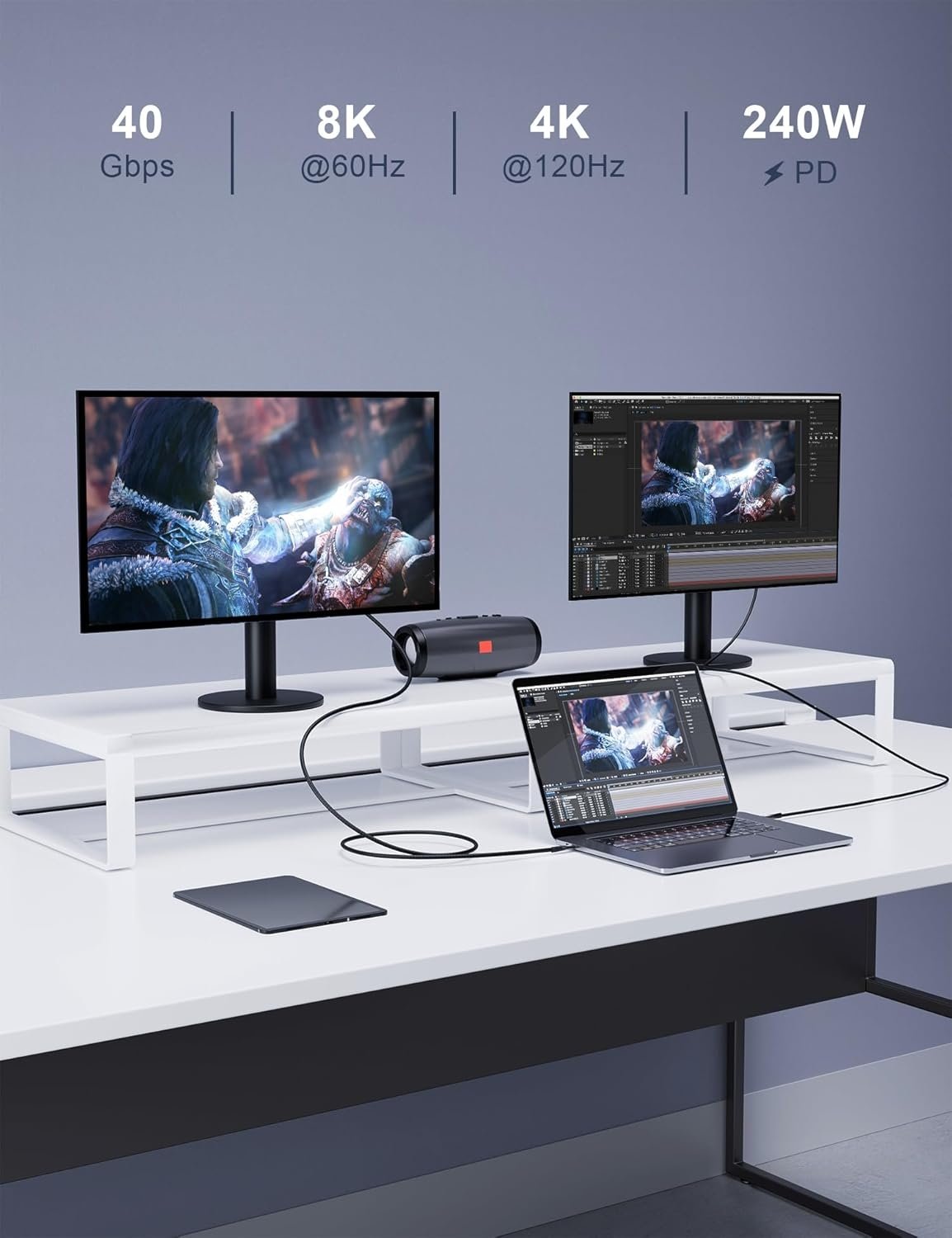 NÖRDIC 1m Thunderbolt 4 forlengelseskabel, USB-C hann til hunn, 240W hurtiglading, 40Gbps, 8K 60Hz