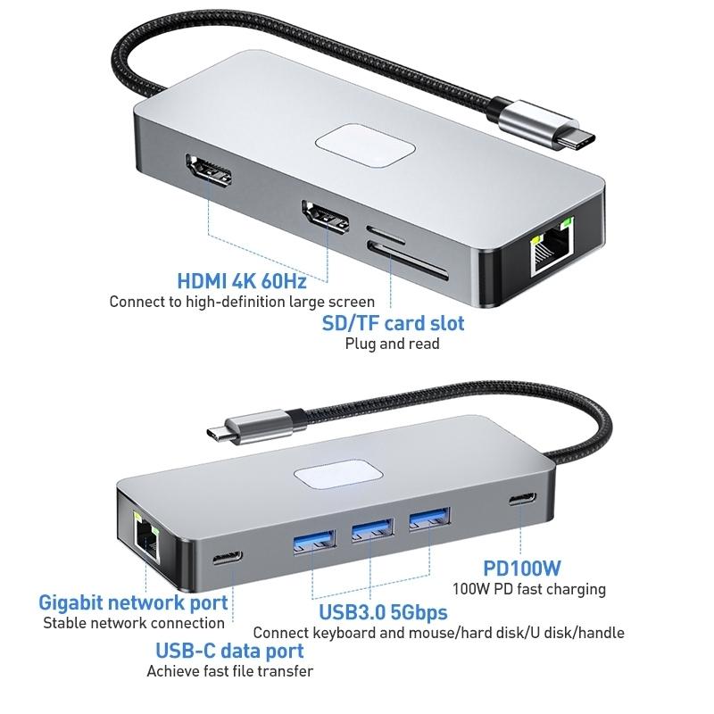 NÖRDIC 1 til 10 USB-C-dokkingstasjon 2xHDMI 4K60Hz 3xUSB3.0, 1xUSB-C, 1xRJ45 GigaLan, 1xPD100W, 1xSD og 1xMicroSD