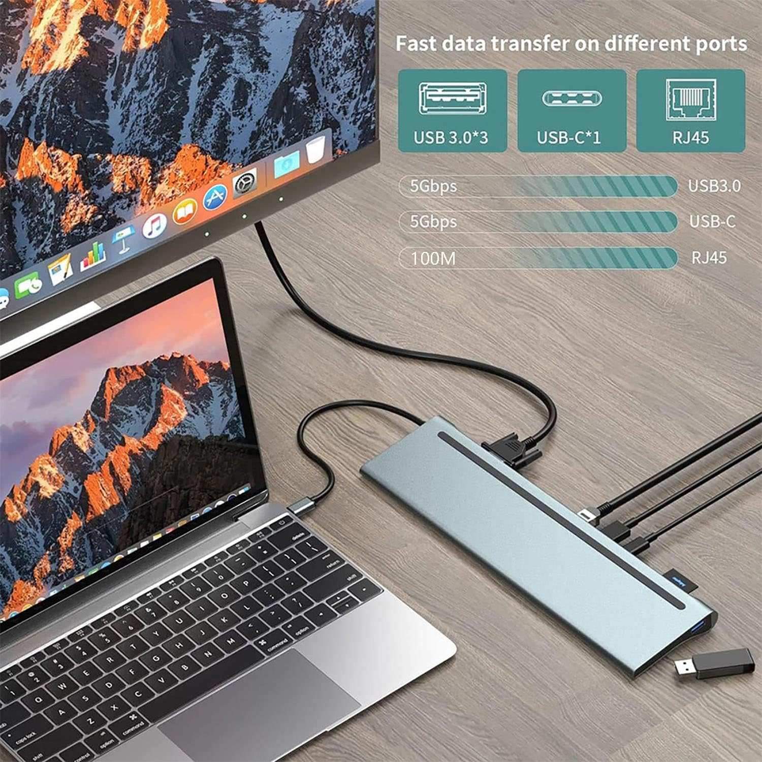 NÖRDIC 1 til 12 USB-C-dokkingstasjon for trippelskjermer 2xHDMI 4K30Hz, 1xVGA, USB-C PD 100W, Thunderbolt 3 & 4