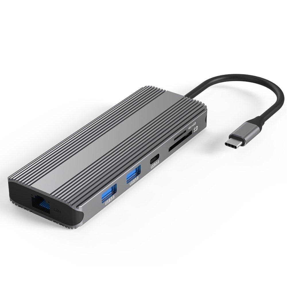 NÖRDIC 1 til 10 USB-C-dokkingstasjon 1xHDMI 8K30Hz 1XHDMI 4K60Hz 2xUSB3.0, 1xUSB-C, 1xRJ45 GigaLan, 1xPD 87W, 1xSD og 1xMicroSD 1xAux stereo
