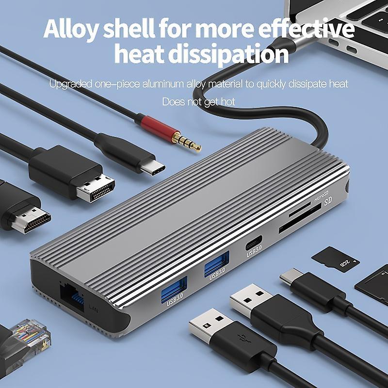 NÖRDIC 1 til 10 USB-C-dokkingstasjon 1xHDMI 8K30Hz 1xDP8K 30Hz 2xUSB3.0, 1xUSB-C, 1xRJ45 GigaLan, 1xPD 87W, 1xSD & 1xMicroSD 1xAux stereo