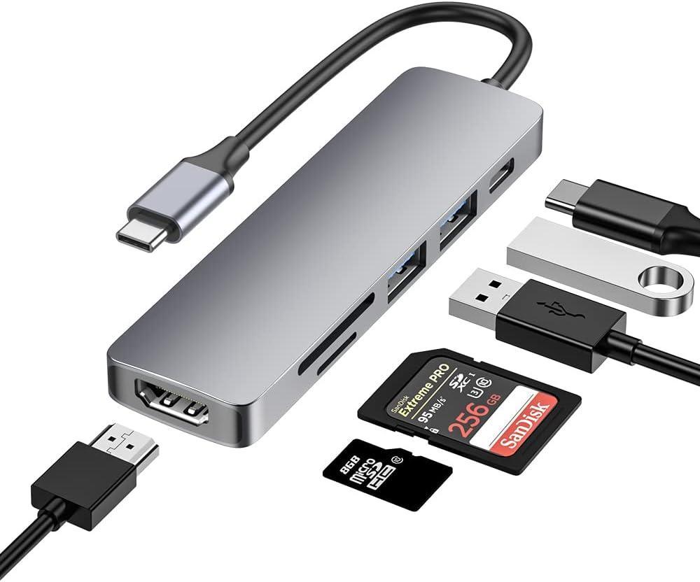 NÖRDIC 1 til 6 USB C dokkingstasjon i aluminium 1xHDMI 4K 30Hz 1xUSB-A 3.0 1xUSB-A 2.0 5Gbps 1x USB C PD87W 1xSD/TF-kortleser