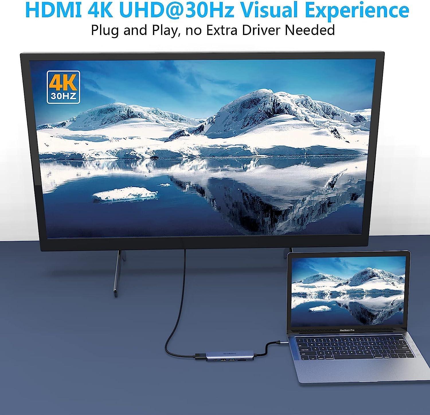 NÖRDIC 1 til 6 USB C dokkingstasjon i aluminium 1xHDMI 4K 30Hz 1xUSB-A 3.0 1xUSB-A 2.0 5Gbps 1x USB C PD87W 1xSD/TF-kortleser