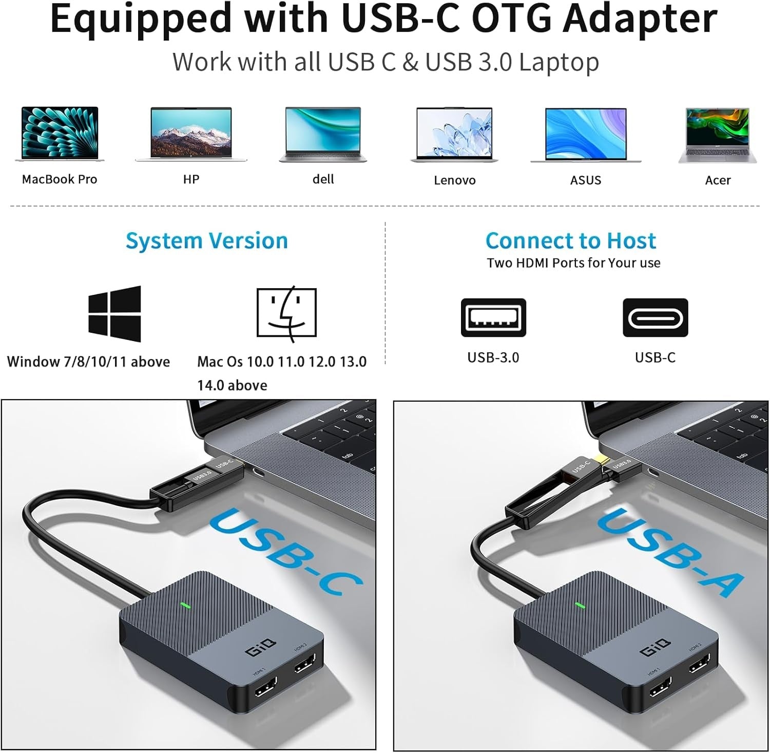NÖRDIC 1 til 4 dokkingstasjon 2xHDMI 2K@60Hz USB-A og USB-C kompatibel med USB 4, Windows og Mac1