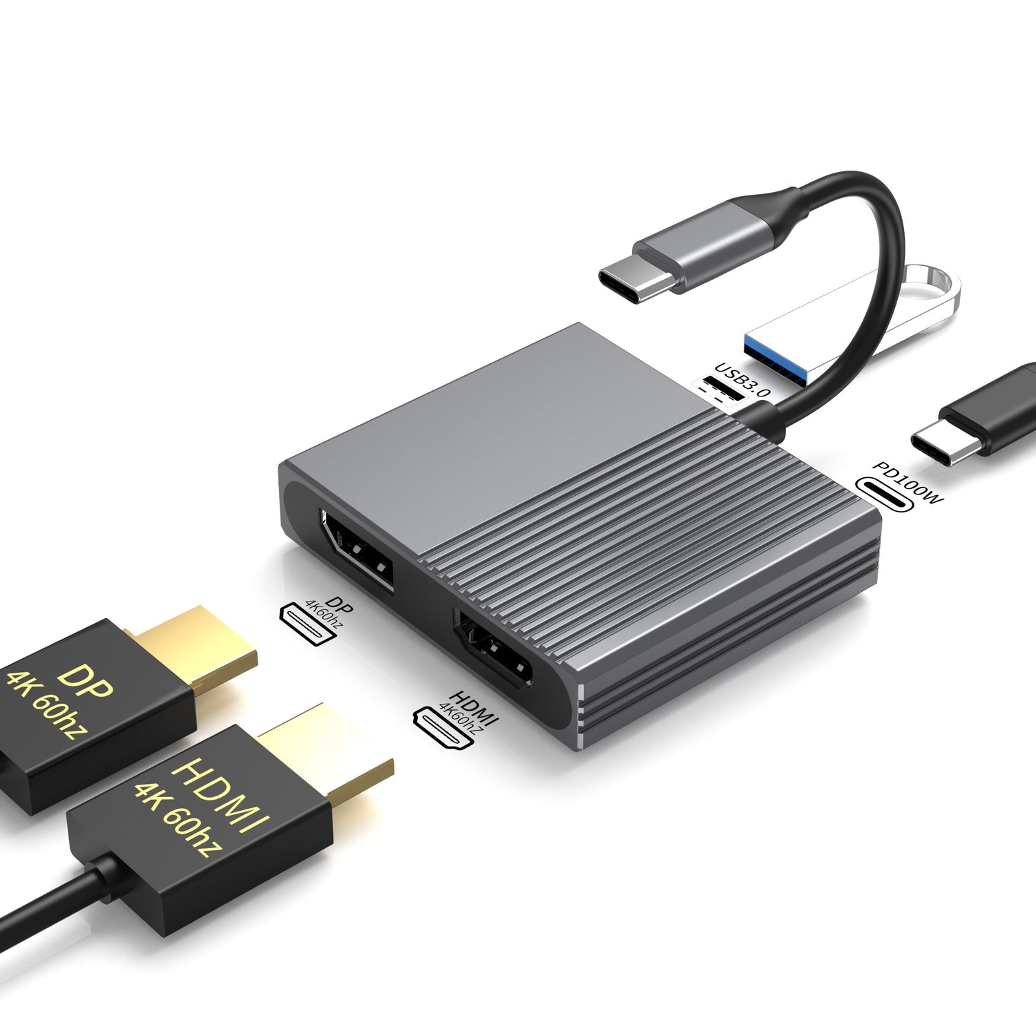 NÖRDIC 1 til 4 USB-C Dokkingstasjon 1xHDMI-4K60Hz, 1xDP-4K60Hz Doble skjermer 1xUSB-C PD100W 1xUSB-A 5G