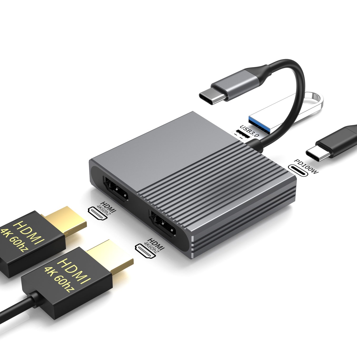 NÖRDIC 1 til 4 USB-C Dokkingstasjon 2xHDMI Doble skjermer 1xUSB-C PD100W 1xUSB-A 5G