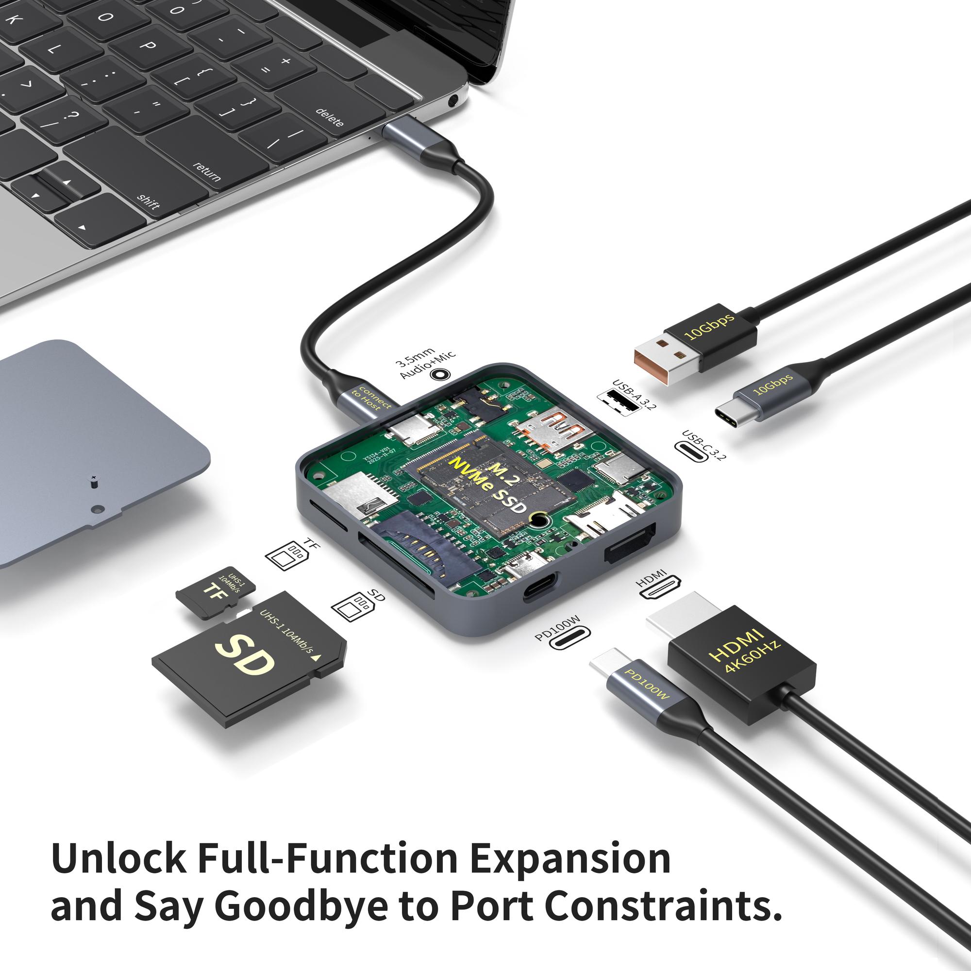NÖRDIC 1 to 9 USB-C Docking station HDMI4K60Hz, 1xUSB-C 10G, 1xUSB-10A 5G, 1xUSB-C 100W, 1xM2 SSD 2230, 1x Stereo 3.5mm, 1x SD/MicroSD